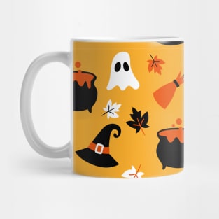 Witch Hat Ghost Cauldron Leaf Broom Halloween Cute Spooky Fun Pattern Design Mug